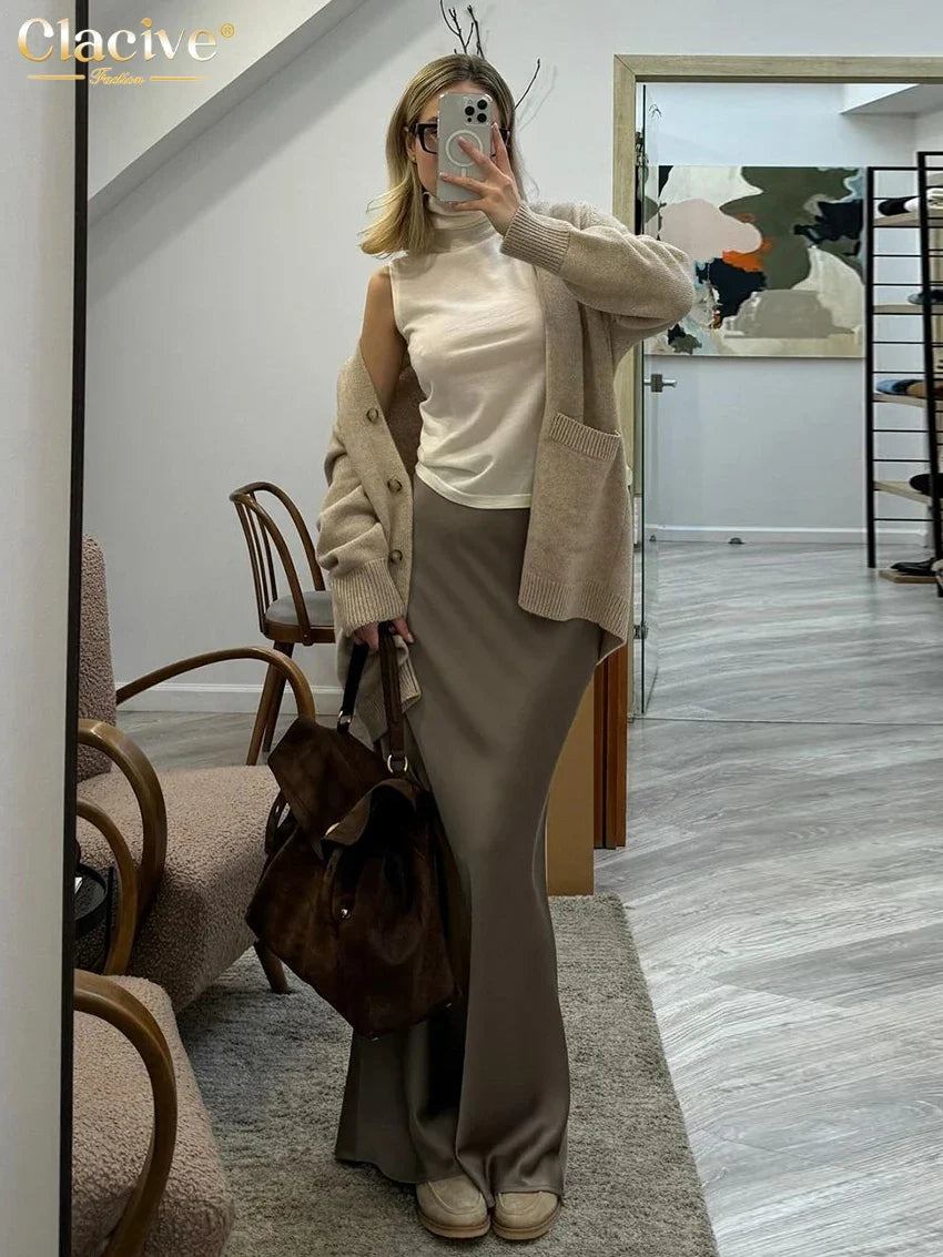 Jupe Longue Satin Marron